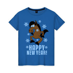 Женская футболка хлопок с принтом Новогодняя Лошадка в Санкт-Петербурге, 100% хлопок | прямой крой, круглый вырез горловины, длина до линии бедер, слегка спущенное плечо | happy new year | идеи подарков | конь | лошадка | новогодняя лошадка | новый год | новый год 2014
