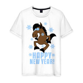 Мужская футболка хлопок с принтом Новогодняя Лошадка в Санкт-Петербурге, 100% хлопок | прямой крой, круглый вырез горловины, длина до линии бедер, слегка спущенное плечо. | Тематика изображения на принте: happy new year | идеи подарков | конь | лошадка | новогодняя лошадка | новый год | новый год 2014