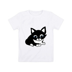 Детская футболка хлопок с принтом Кошечка в Санкт-Петербурге, 100% хлопок | круглый вырез горловины, полуприлегающий силуэт, длина до линии бедер | киска | кошечка | кошка с белым хвостиком | мяу | черная кошка
