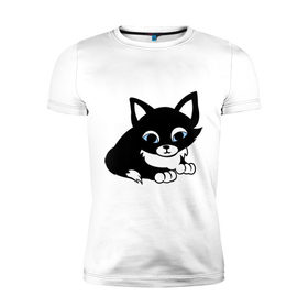 Мужская футболка премиум с принтом Кошечка в Санкт-Петербурге, 92% хлопок, 8% лайкра | приталенный силуэт, круглый вырез ворота, длина до линии бедра, короткий рукав | киска | кошечка | кошка с белым хвостиком | мяу | черная кошка