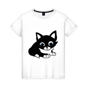 Женская футболка хлопок с принтом Кошечка в Санкт-Петербурге, 100% хлопок | прямой крой, круглый вырез горловины, длина до линии бедер, слегка спущенное плечо | киска | кошечка | кошка с белым хвостиком | мяу | черная кошка