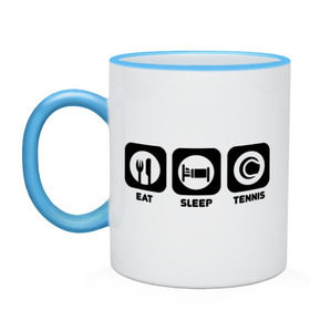 Кружка двухцветная с принтом Eat Sleep Tennis (Еда, Сон, Теннис) в Санкт-Петербурге, керамика | объем — 330 мл, диаметр — 80 мм. Цветная ручка и кайма сверху, в некоторых цветах — вся внутренняя часть | eat sleep tennis | еда | сон | спорт | теннис