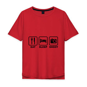 Мужская футболка хлопок Oversize с принтом Eat Sleep Shoot (Ешь, Спи, Фотографируй) в Санкт-Петербурге, 100% хлопок | свободный крой, круглый ворот, “спинка” длиннее передней части | eat sleep shoot | вилка | ешь | кровать | снимок | сон | спи | фотоаппарат | фотографируй
