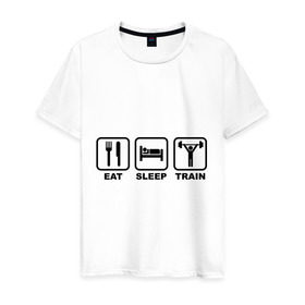 Мужская футболка хлопок с принтом Eat Sleep Train (Ешь, Спи, Тренируйся) в Санкт-Петербурге, 100% хлопок | прямой крой, круглый вырез горловины, длина до линии бедер, слегка спущенное плечо. | Тематика изображения на принте: eat sleep train | ешь | силовой спорт | спи | спорт | тренируйся