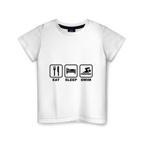 Детская футболка хлопок с принтом Eat Sleep Swim (Еда, Сон, Плавание) в Санкт-Петербурге, 100% хлопок | круглый вырез горловины, полуприлегающий силуэт, длина до линии бедер | eat sleep swim | вилка | водный спорт | еда | кровать | плавание | сон | спорт