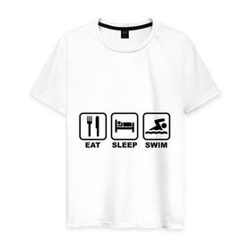 Мужская футболка хлопок с принтом Eat Sleep Swim (Еда, Сон, Плавание) в Санкт-Петербурге, 100% хлопок | прямой крой, круглый вырез горловины, длина до линии бедер, слегка спущенное плечо. | eat sleep swim | вилка | водный спорт | еда | кровать | плавание | сон | спорт