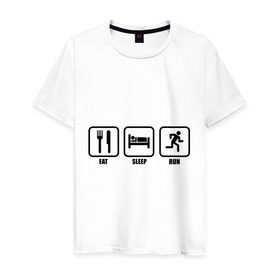 Мужская футболка хлопок с принтом Eat Sleep Run (Еда, Сон, Бег) в Санкт-Петербурге, 100% хлопок | прямой крой, круглый вырез горловины, длина до линии бедер, слегка спущенное плечо. | eat sleep run | бег | вилка | еда | кровать | сон