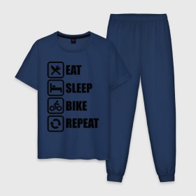 Мужская пижама хлопок с принтом Eat Sleep Bike Repeat в Санкт-Петербурге, 100% хлопок | брюки и футболка прямого кроя, без карманов, на брюках мягкая резинка на поясе и по низу штанин
 | Тематика изображения на принте: bike | eat | eat sleep bike repeat | repeat | sleep | велоспорт | кровать | спорт