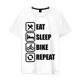 Мужская футболка хлопок с принтом Eat Sleep Bike Repeat в Санкт-Петербурге, 100% хлопок | прямой крой, круглый вырез горловины, длина до линии бедер, слегка спущенное плечо. | Тематика изображения на принте: bike | eat | eat sleep bike repeat | repeat | sleep | велоспорт | кровать | спорт