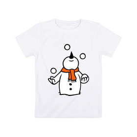 Детская футболка хлопок с принтом Снеговик играет в снежки. в Санкт-Петербурге, 100% хлопок | круглый вырез горловины, полуприлегающий силуэт, длина до линии бедер | Тематика изображения на принте: новый год | новый год 2014 | подарки | снег | снеговик | снеговик играет в снежки | снежки
