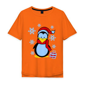 Мужская футболка хлопок Oversize с принтом Пингвин в новогодней шапке в Санкт-Петербурге, 100% хлопок | свободный крой, круглый ворот, “спинка” длиннее передней части | пингвин
