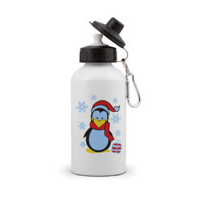 Бутылка спортивная с принтом Пингвин в новогодней шапке в Санкт-Петербурге, металл | емкость — 500 мл, в комплекте две пластиковые крышки и карабин для крепления | Тематика изображения на принте: пингвин