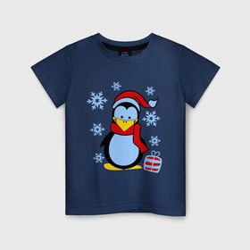 Детская футболка хлопок с принтом Пингвин в новогодней шапке в Санкт-Петербурге, 100% хлопок | круглый вырез горловины, полуприлегающий силуэт, длина до линии бедер | пингвин
