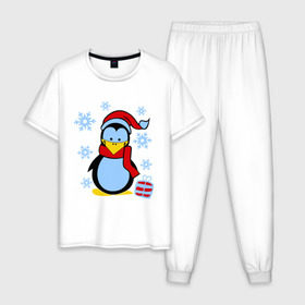 Мужская пижама хлопок с принтом Пингвин в новогодней шапке в Санкт-Петербурге, 100% хлопок | брюки и футболка прямого кроя, без карманов, на брюках мягкая резинка на поясе и по низу штанин
 | Тематика изображения на принте: пингвин