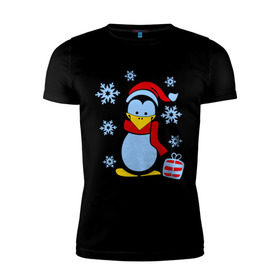 Мужская футболка премиум с принтом Пингвин в новогодней шапке в Санкт-Петербурге, 92% хлопок, 8% лайкра | приталенный силуэт, круглый вырез ворота, длина до линии бедра, короткий рукав | пингвин
