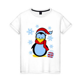 Женская футболка хлопок с принтом Пингвин в новогодней шапке в Санкт-Петербурге, 100% хлопок | прямой крой, круглый вырез горловины, длина до линии бедер, слегка спущенное плечо | пингвин