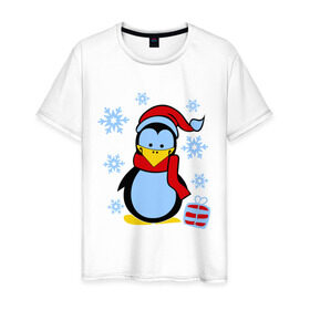 Мужская футболка хлопок с принтом Пингвин в новогодней шапке в Санкт-Петербурге, 100% хлопок | прямой крой, круглый вырез горловины, длина до линии бедер, слегка спущенное плечо. | пингвин