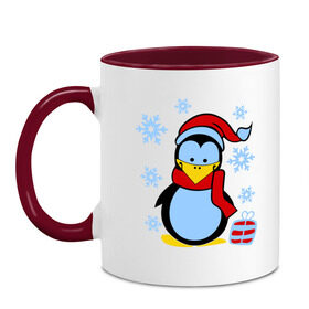 Кружка двухцветная с принтом Пингвин в новогодней шапке в Санкт-Петербурге, керамика | объем — 330 мл, диаметр — 80 мм. Цветная ручка и кайма сверху, в некоторых цветах — вся внутренняя часть | Тематика изображения на принте: пингвин