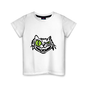 Детская футболка хлопок с принтом Свирепый кот в Санкт-Петербурге, 100% хлопок | круглый вырез горловины, полуприлегающий силуэт, длина до линии бедер | глаза | зеленные глаза | зубы | кот | кот с зеленными глаза | котяра | кошачий глаз | свирепый кот