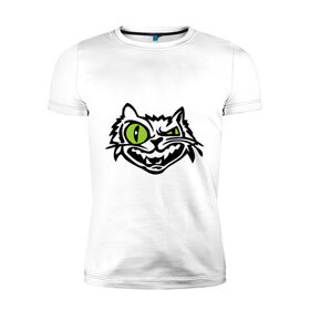 Мужская футболка премиум с принтом Свирепый кот в Санкт-Петербурге, 92% хлопок, 8% лайкра | приталенный силуэт, круглый вырез ворота, длина до линии бедра, короткий рукав | Тематика изображения на принте: глаза | зеленные глаза | зубы | кот | кот с зеленными глаза | котяра | кошачий глаз | свирепый кот