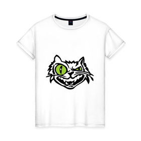 Женская футболка хлопок с принтом Свирепый кот в Санкт-Петербурге, 100% хлопок | прямой крой, круглый вырез горловины, длина до линии бедер, слегка спущенное плечо | глаза | зеленные глаза | зубы | кот | кот с зеленными глаза | котяра | кошачий глаз | свирепый кот