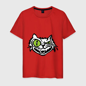 Мужская футболка хлопок с принтом Свирепый кот в Санкт-Петербурге, 100% хлопок | прямой крой, круглый вырез горловины, длина до линии бедер, слегка спущенное плечо. | Тематика изображения на принте: глаза | зеленные глаза | зубы | кот | кот с зеленными глаза | котяра | кошачий глаз | свирепый кот