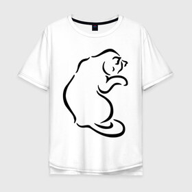 Мужская футболка хлопок Oversize с принтом Кошка в Санкт-Петербурге, 100% хлопок | свободный крой, круглый ворот, “спинка” длиннее передней части | киска | кошечка | кошка | кошка лижет лапу | лижет | милая кошка | намывает гостей | прикольные картинки | силуэт кошка