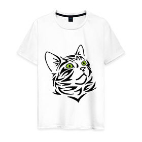 Мужская футболка хлопок с принтом Узор - кот в Санкт-Петербурге, 100% хлопок | прямой крой, круглый вырез горловины, длина до линии бедер, слегка спущенное плечо. | глаза | киска | кот с зеленными глазами | кошки | силуэт  кота | узор   кот