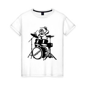 Женская футболка хлопок с принтом Обезьяна с барабанами в Санкт-Петербурге, 100% хлопок | прямой крой, круглый вырез горловины, длина до линии бедер, слегка спущенное плечо | барабан | музыка | обезьяна с барабанами | разное