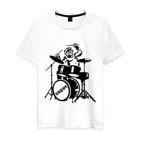 Мужская футболка хлопок с принтом Обезьяна с барабанами в Санкт-Петербурге, 100% хлопок | прямой крой, круглый вырез горловины, длина до линии бедер, слегка спущенное плечо. | барабан | музыка | обезьяна с барабанами | разное