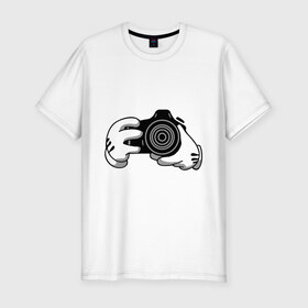 Мужская футболка премиум с принтом Фотограф в Санкт-Петербурге, 92% хлопок, 8% лайкра | приталенный силуэт, круглый вырез ворота, длина до линии бедра, короткий рукав | swag фотографов | корпораций | профессии | руки | фото | фотограф