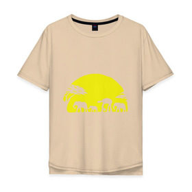 Мужская футболка хлопок Oversize с принтом Слоники в Санкт-Петербурге, 100% хлопок | свободный крой, круглый ворот, “спинка” длиннее передней части | африканский | африканское солнце | животные | слоны  на фоне солнца | солнце | этнический