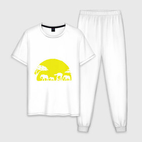Мужская пижама хлопок с принтом Слоники в Санкт-Петербурге, 100% хлопок | брюки и футболка прямого кроя, без карманов, на брюках мягкая резинка на поясе и по низу штанин
 | африканский | африканское солнце | животные | слоны  на фоне солнца | солнце | этнический