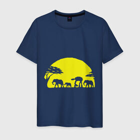 Мужская футболка хлопок с принтом Слоники в Санкт-Петербурге, 100% хлопок | прямой крой, круглый вырез горловины, длина до линии бедер, слегка спущенное плечо. | африканский | африканское солнце | животные | слоны  на фоне солнца | солнце | этнический