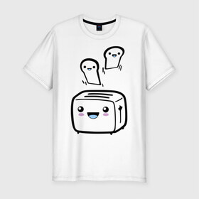 Мужская футболка премиум с принтом Позитивный тостер в Санкт-Петербурге, 92% хлопок, 8% лайкра | приталенный силуэт, круглый вырез ворота, длина до линии бедра, короткий рукав | Тематика изображения на принте: бутерброд | гренки | еда | позитив | позитивный тостер | смайл | тостер | хлеб