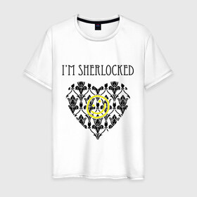 Мужская футболка хлопок с принтом Шерлок Сердце I`m Sherlocked в Санкт-Петербурге, 100% хлопок | прямой крой, круглый вырез горловины, длина до линии бедер, слегка спущенное плечо. | smile | кино | мультфильмы и тв | сердце | шерлок | шерлок сердце smile | шерлок холмс