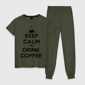 Женская пижама хлопок с принтом Keep calm and drink coffee в Санкт-Петербурге, 100% хлопок | брюки и футболка прямого кроя, без карманов, на брюках мягкая резинка на поясе и по низу штанин | keep calm | keep calm and drink coffee | кофе | прикольные надписи