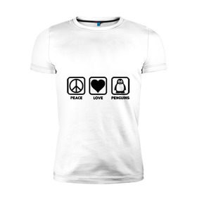 Мужская футболка премиум с принтом Peace Love Penguins (мир, любовь, пингвины) в Санкт-Петербурге, 92% хлопок, 8% лайкра | приталенный силуэт, круглый вырез ворота, длина до линии бедра, короткий рукав | peace love penguins | животные | любовь | мир | пингвины
