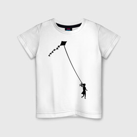 Детская футболка хлопок с принтом Девочка с воздушным змеем в Санкт-Петербурге, 100% хлопок | круглый вырез горловины, полуприлегающий силуэт, длина до линии бедер | 