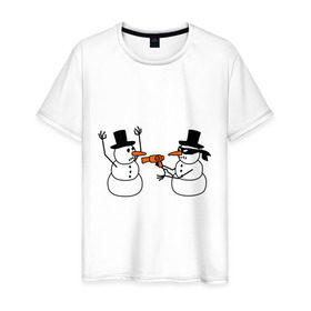 Мужская футболка хлопок с принтом Снеговик грабитель в Санкт-Петербурге, 100% хлопок | прямой крой, круглый вырез горловины, длина до линии бедер, слегка спущенное плечо. | идеи подарков | с новым годом | снеговик грабитель | снеговики | снеговики бандиты | фен