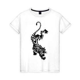Женская футболка хлопок с принтом Тигр в японском стиле в Санкт-Петербурге, 100% хлопок | прямой крой, круглый вырез горловины, длина до линии бедер, слегка спущенное плечо | Тематика изображения на принте: животные | зубы | нападения | тигр | тигр в японском стиле | японский стиль
