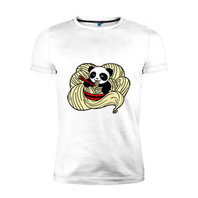 Мужская футболка премиум с принтом панда ест лапшу в Санкт-Петербурге, 92% хлопок, 8% лайкра | приталенный силуэт, круглый вырез ворота, длина до линии бедра, короткий рукав | Тематика изображения на принте: панда