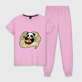 Женская пижама хлопок с принтом панда ест лапшу в Санкт-Петербурге, 100% хлопок | брюки и футболка прямого кроя, без карманов, на брюках мягкая резинка на поясе и по низу штанин | панда