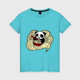Женская футболка хлопок с принтом панда ест лапшу в Санкт-Петербурге, 100% хлопок | прямой крой, круглый вырез горловины, длина до линии бедер, слегка спущенное плечо | панда