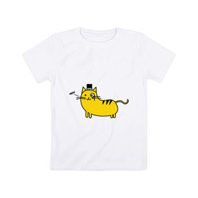 Детская футболка хлопок с принтом Кот аристократ в Санкт-Петербурге, 100% хлопок | круглый вырез горловины, полуприлегающий силуэт, длина до линии бедер | аристократ | желтый кот | кот | кот аристократ | котик | котяра | цилиндр
