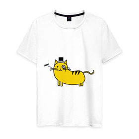 Мужская футболка хлопок с принтом Кот аристократ в Санкт-Петербурге, 100% хлопок | прямой крой, круглый вырез горловины, длина до линии бедер, слегка спущенное плечо. | аристократ | желтый кот | кот | кот аристократ | котик | котяра | цилиндр