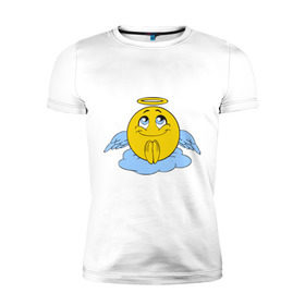 Мужская футболка премиум с принтом Ангел смайл в Санкт-Петербурге, 92% хлопок, 8% лайкра | приталенный силуэт, круглый вырез ворота, длина до линии бедра, короткий рукав | smile. улыбка | ангел смайл | безумный смайл | позитив и смайлы | псих | смайл | смайлик