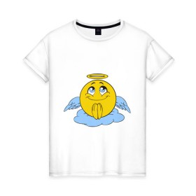 Женская футболка хлопок с принтом Ангел смайл в Санкт-Петербурге, 100% хлопок | прямой крой, круглый вырез горловины, длина до линии бедер, слегка спущенное плечо | smile. улыбка | ангел смайл | безумный смайл | позитив и смайлы | псих | смайл | смайлик