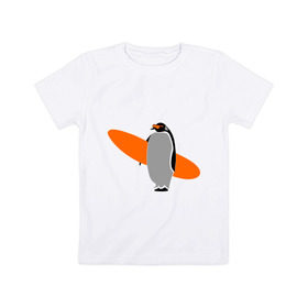 Детская футболка хлопок с принтом Пингвин с сёрфингом в Санкт-Петербурге, 100% хлопок | круглый вырез горловины, полуприлегающий силуэт, длина до линии бедер | Тематика изображения на принте: пингвин