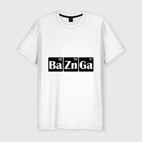 Мужская футболка премиум с принтом Bazinga в Санкт-Петербурге, 92% хлопок, 8% лайкра | приталенный силуэт, круглый вырез ворота, длина до линии бедра, короткий рукав | Тематика изображения на принте: bazinga | популярные цитаты | прикольные надписи